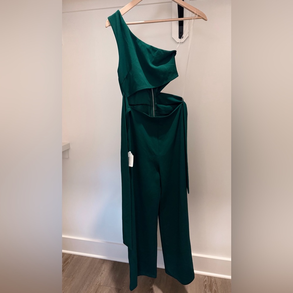 One Shoulder Tie Waist Asymmetrical Emerald Jumpsuit